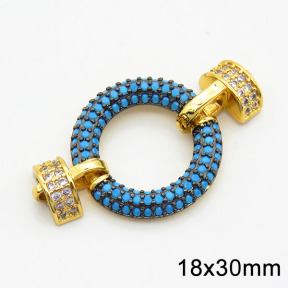 Brass Turquoise Cubic Zirconia Links Connectors,Circle,Long-lasting plated,Gold and Black,18x30mm,Hole:2mm,about 2.60g/pc,3 pcs/package,XFL01761bhhn-G030