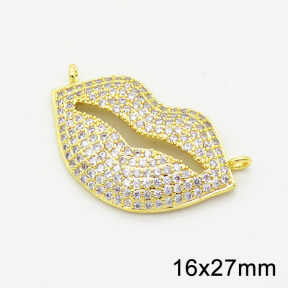 Brass Cubic Zirconia Links Connectors,Lips,Long-lasting plated,Gold,16x27mm,Hole:2mm,about 2.70g/pc,5 pcs/package,XFL01774bamn-G030