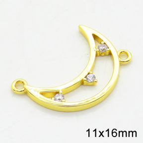 Brass Cubic Zirconia Links Connectors,Grade A,High quality handmade polishing,Moon,Random mixed color,1.5x11x16mm,Hole:1.5mm,about 0.60g/pc,5 pcs/package,XFL01776aajm-G030