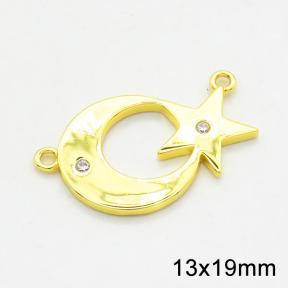 Brass Cubic Zirconia Links Connectors,Grade A,High quality handmade polishing,Star and Moon,Random mixed color,1.5x13x19mm,Hole:1.5mm,about 1.30g/pc,5 pcs/package,XFL01782aajm-G030