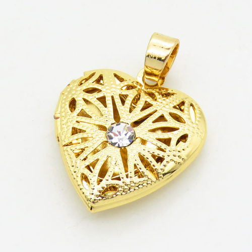 Brass Cubic Zirconia Locket Pendants,Photo Frame Charms for Necklaces,Hollow,Heart,Long-lasting plated,Gold,6x19x20mm,Hole:3x5mm,about 2.53g/pc,5 pcs/package,XFPC02504aaim-G030