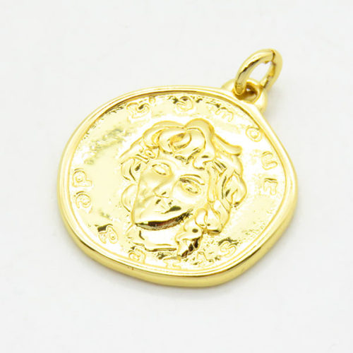 Brass Pendants,Round,Portrait,Long-lasting plated,Gold,2.5x19mm,Hole:3mm,about 2.97g/pc,5 pcs/package,XFPC02560aahm-G030