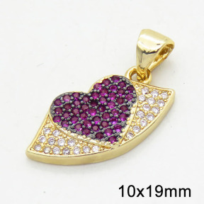 Brass Cubic Zirconia Pendants,Lips,Heart,Long-lasting plated,Gold,10x19mm,Hole:3x5mm,about 1.45g/pc,5 pcs/package,XFPC02627bblk-G030