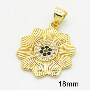 Brass Cubic Zirconia Pendants,Flower,Long-lasting plated,Gold,18mm,Hole:3x5mm,about 2.25g/pc,5 pcs/package,XFPC02633aaij-G030