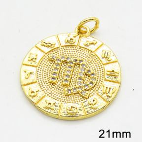 Brass Cubic Zirconia Pendants,Round,Virgo,Long-lasting plated,Gold,21mm,Hole:4mm,about 3.45g/pc,5 pcs/package,XFPC02659aaik-G030