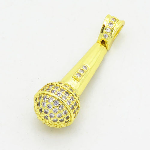 Brass Cubic Zirconia Pendants,Microphone,Long-lasting plated,Gold,9x30mm,Hole:3x4mm,about 2.75g/pc,5 pcs/package,XFPC02691aakh-G030