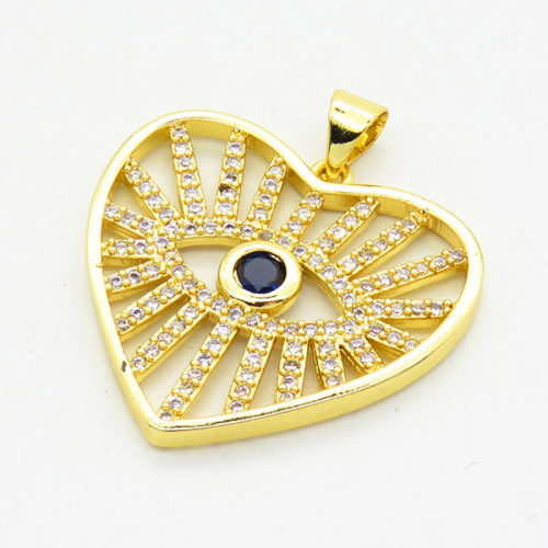 Brass Cubic Zirconia Pendants,Heart,Eye,Long-lasting plated,Gold,24x26mm,Hole:3x5mm,about 3.12g/pc,5 pcs/package,XFPC02695bblo-G030