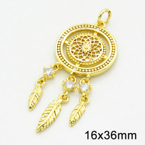 Brass Cubic Zirconia Pendants,Dreamcatcher,Long-lasting plated,Gold,16x36mm,Hole:4mm,about 2.69g/pc,5 pcs/package,XFPC02701bbln-G030