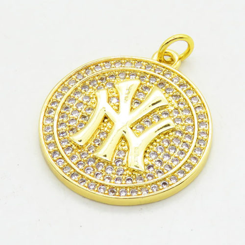 Brass Cubic Zirconia Pendants,Round,Long-lasting plated,Gold,21mm,Hole:4mm,about 4.08g/pc,5 pcs/package,XFPC02703vbmb-G030