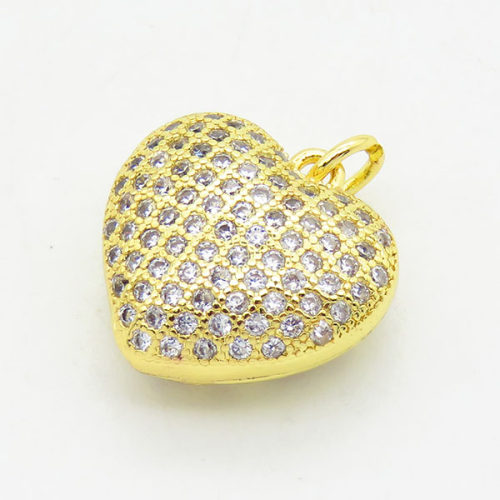 Brass Cubic Zirconia Pendants,Heart,Long-lasting plated,Gold,14x15mm,Hole:4mm,about 3.23g/pc,5 pcs/package,XFPC02705aakm-G030