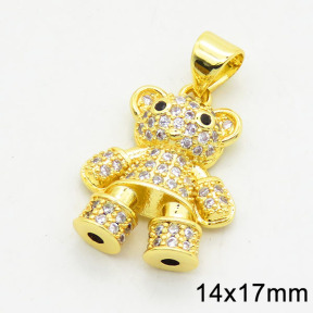 Brass Cubic Zirconia Pendants,Bear,Long-lasting plated,Gold,14x17mm,Hole:3x5mm,about 2.33g/pc,5 pcs/package,XFPC02836aaki-G030