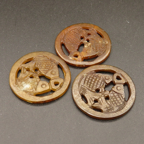 Natural Alabaster Filigree Joiners,Carved Fish,Flat round,Dyed,Brown,2x26mm,Hole:2mm,about 2.2g/pc,1 pc/package,XFPC01181bhva-L001