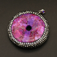 Imitate Sugilite Pendants,with Rhinestone,with Brass Pinch Bails,Flat Round,Dyed,Purple,8x39mm,Hole:3.5mm,about 16.1g/pc,1 pc/package,XFPC01406ahlv-L001