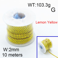 304 Stainless Steel Chain,Square Rhinestone Strass Cup Chain,Lemon Yellow,2x10000mm,about 103.3g/package,1 Roll/package,6AC300687hhlb-312