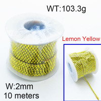 304 Stainless Steel Chain,Square Rhinestone Strass Cup Chain,Lemon Yellow,2x10000mm,about 103.3g/package,1 Roll/package,6AC300688bnlb-312