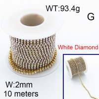 304 Stainless Steel Chain,Square Rhinestone Strass Cup Chain,White Diamond,2x10000mm,about 93.4g/package,1 Roll/package,6AC300689hbab-312