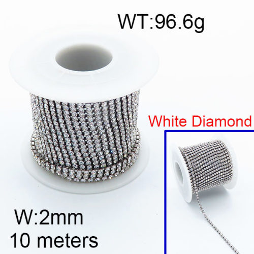 304 Stainless Steel Chain,Square Rhinestone Strass Cup Chain,White Diamond,2x10000mm,about 96.6g/package,1 Roll/package,6AC300690bnbb-312