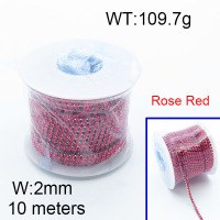 304 Stainless Steel Chain,Square Rhinestone Strass Cup Chain,Rose Red ,2x10000mm,about 109.7g/package,1 Roll/package,6AC300700bplb-312