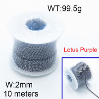 304 Stainless Steel Chain,Square Rhinestone Strass Cup Chain,Lotus Purple ,2x10000mm,about 99.5g/package,1 Roll/package,6AC300702bnlb-312