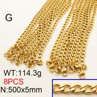 304 Stainless Steel Necklace,Cuban Chains,Twisted Curb Chains,Vacuum Plating Gold,5x500mm,about 114.3g/package,8 pcs/package,6N2001579vlma-641