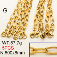 304 Stainless Steel Necklace Making,Unwelded Oval Paperclip Chains,Vacuum Plating Gold,6x600mm,about 87.7g/package,5 pcs/package,6N2001580ajlv-641