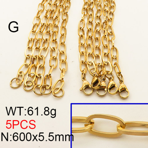 304 Stainless Steel Necklace Making,Unwelded Oval Paperclip Chains,Vacuum Plating Gold,5.5x600mm,about 61.8g/package,5 pcs/package,6N2001582ajlv-641