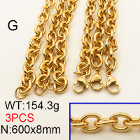 304 Stainless Steel Necklace,Unwelded Cable Chains,Vacuum Plating Gold,8x600mm,about 154.3g/package,3 pcs/package,6N2001584ajvb-641