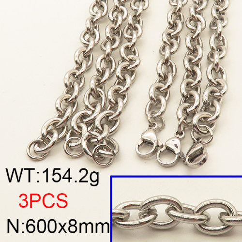 304 Stainless Steel Necklace,Unwelded Cable Chains,True Color,8x600mm,about 154.2g/package,3 pcs/package,6N2001588ahlv-641