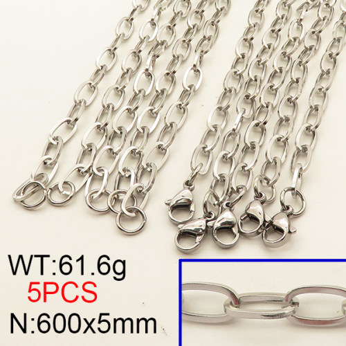 304 Stainless Steel Necklace,Unwelded Oval Paperclip Chains,True Color,5x600mm,about 61.6g/package,5 pcs/package,6N2001590vila-641