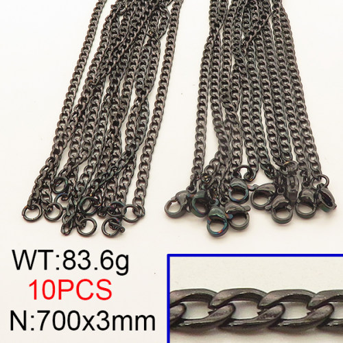 304 Stainless Steel Necklace,Cuban Chains,Twisted Curb Chains,Vacuum Plating Back,3x700mm,about 83.6g/package,10 pcs/package,6N2001594bkab-641