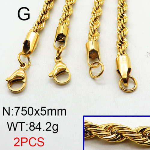 304 Stainless Steel Necklace Making,Unwelded Rope Chains,Vacuum Plating Gold,5x750mm,about 84.2g/package,2 pcs/package,6N2001793aivb-354