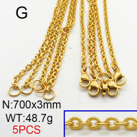304 Stainless Steel Necklace Making,Cable Chains,Vacuum Plating Gold,3x700mm,about 48.7g/package,5 pcs/package,6N2001795vila-354