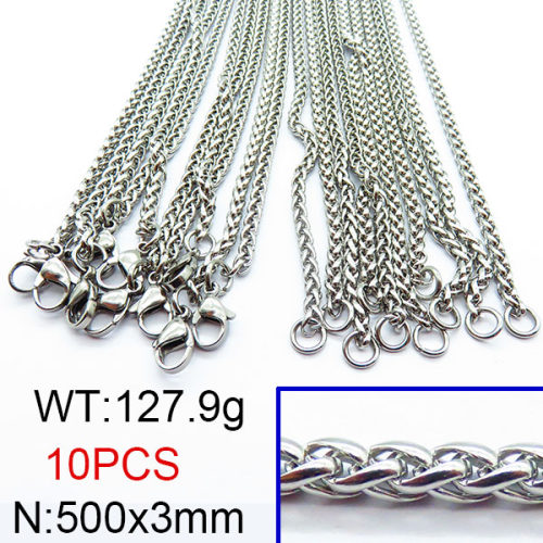304 Stainless Steel Necklace Making,Wheat Chains,Foxtail Chain,True Color,3x500mm,about 127.9g/package,10 pcs/package,6N2002359biib-474