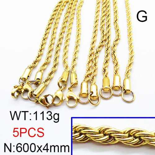 304 Stainless Steel Necklace Making,Unwelded Rope Chains,Vacuum Plating Gold,4x600mm,about 113g/package,5 pcs/package,6N2002367aima-474