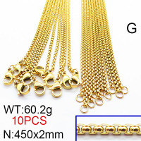 304 Stainless Steel Necklace Making,Box Chain,Round,Vacuum Plating Gold,2x450mm,about 60.2g/package,10 pcs/package,6N2002370ajvb-474