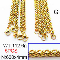304 Stainless Steel Necklace Making,Wheat Chains,Foxtail Chains,Vacuum Plating Gold,4x600mm,about 112.6g/package,5 pcs/package,6N2002372aima-474