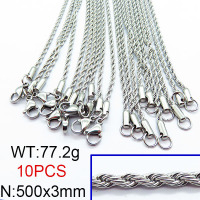 304 Stainless Steel Necklace Making,Unwelded Rope Chains,True Color,3x500mm,about 77.2g/package,10 pcs/package,6N2002373biib-474