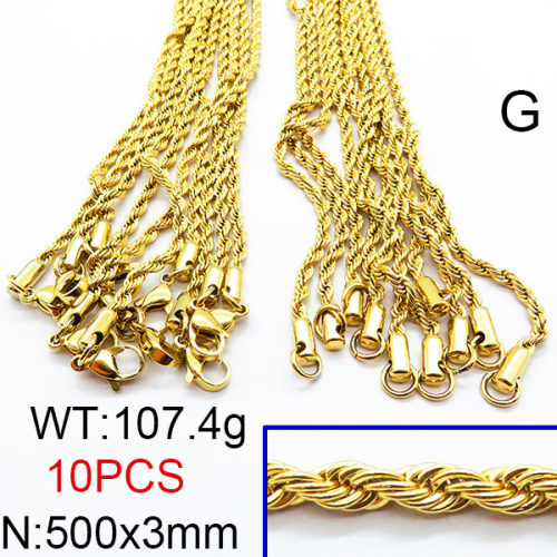 304 Stainless Steel Necklace Making,Unwelded Rope Chains,Vacuum Plating Gold,3x500mm,about 107.4g/package,10 pcs/package,6N2002374akja-474