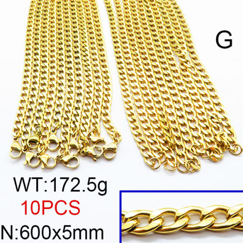 304 Stainless Steel Necklace,Cuban Chain,Twisted Curb Chains,Faceted,Vacuum Plating Gold,5x600mm,about 172.5g/package,10 pcs/package,6N2002375vkla-474