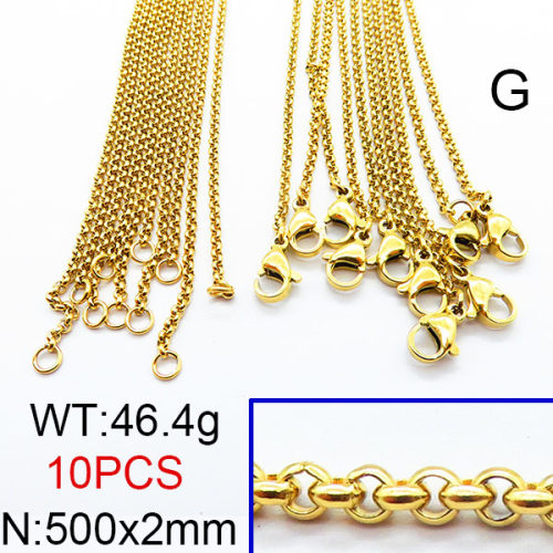 304 Stainless Steel Necklace Making,Rolo Chains,Vacuum Plating Gold,2x500mm,about 46.4g/package,10 pcs/package,6N2002376aiov-474