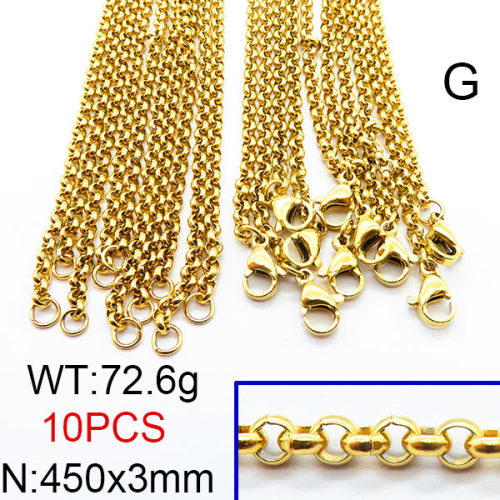 304 Stainless Steel Necklace Making,Rolo Chains,Vacuum Plating Gold,3x450mm,about 72.6g/package,10 pcs/package,6N2002379aiov-474
