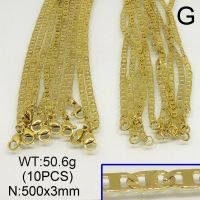 304 Stainless Steel Necklace Making,Textured Mariner link chains,Vacuum Plating Gold,3x500mm,about 50.6g/package,10 pcs/package,6N20058vkla-452
