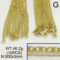 304 Stainless Steel Necklace Making,Textured Mariner link chains,Vacuum Plating Gold,3x500mm,about 46.2g/package,10 pcs/package,6N20062vkla-452