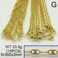 304 Stainless Steel Necklace Making,Textured Mariner link chains,Vacuum Plating Gold,3x500mm,about 33.9g/package,10 pcs/package,6N20066vkla-452