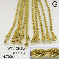 304 Stainless Steel Necklace Making,Unwelded Rope Chains ,Vacuum Plating Gold,4x700mm,about 129.8g/package,5 pcs/package,6N20276bkab-641