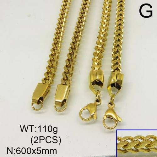 304 Stainless Steel Necklace,Wheat Chains,Foxtail Chains,Vacuum Plating Gold,5x600mm,about 110g/package,2 pcs/package,6N20286ajka-641