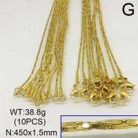 304 Stainless Steel Necklace Making,Twisted Cardano Chains,Vacuum Plating Gold,1.5x450mm,about 38.8g/package,10 pcs/package,6N20315vkla-641