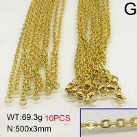 304 Stainless Steel Necklace Making,Cable Chains,Vacuum Plating Gold,3x500mm,about 69.3g/package,10 pcs/package,6N20415bika-389