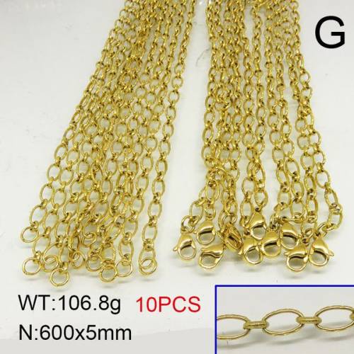 304 Stainless Steel Necklace Making,Unwelded Oval Cable Chains,Vacuum Plating Gold,5x600mm,about 106.8g/package,10 pcs/package,6N20420bplb-389