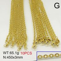 304 Stainless Steel Necklace Making,Cable Chains,Vacuum Plating Gold,3x450mm,about 65.1g/package,10 pcs/package,6N20428bika-389